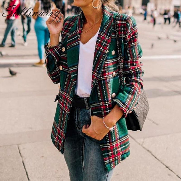 Sollinarry Classic Plaid Chic Autumn Blazer Jacket  Women Streetwear Tweed Long Sleeves Winter Blazer Coat Female Casual Coats