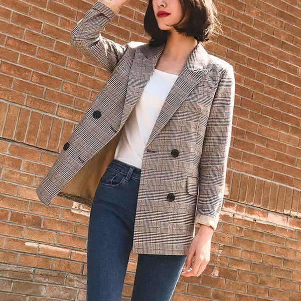 Vintage Double Breasted Plaid Women Blazer Pockets Jackets Female Retro Suits Coat Feminino blazers Outerwear high quality