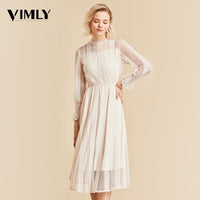 Vimly Elegant Mesh Lace Embroider Women Dress Stand-Neck Flare Sleeve Party Dresses Sexy Midi Elastic Waist Hollow Out Dress