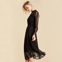 Vimly Elegant Mesh Lace Embroider Women Dress Stand-Neck Flare Sleeve Party Dresses Sexy Midi Elastic Waist Hollow Out Dress