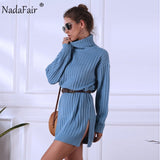 Nadafair Knitted Winter Dress Women 2019 Autumn High Neck Solid Long Sleeve Mini Loose Casual Sweater Dress White Vestidos