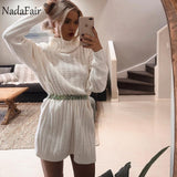 Nadafair Knitted Winter Dress Women 2019 Autumn High Neck Solid Long Sleeve Mini Loose Casual Sweater Dress White Vestidos