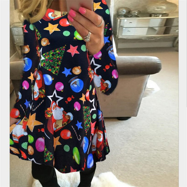 Large Size New Fashion Winter Dress Women Casual Cartoon Christmas Tree Print Dress Big Size Short Vintage Dresses Lady Clothing