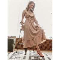 Women Vintage Ruffled Petal Sleeve Sashes A-line Dress Long Sleeve Stand Collar Solid A-line Party Dress 2019 New Women Dress