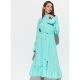 Women Vintage Ruffled Petal Sleeve Sashes A-line Dress Long Sleeve Stand Collar Solid A-line Party Dress 2019 New Women Dress