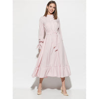 Women Vintage Ruffled Petal Sleeve Sashes A-line Dress Long Sleeve Stand Collar Solid A-line Party Dress 2019 New Women Dress