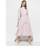 Women Vintage Ruffled Petal Sleeve Sashes A-line Dress Long Sleeve Stand Collar Solid A-line Party Dress 2019 New Women Dress